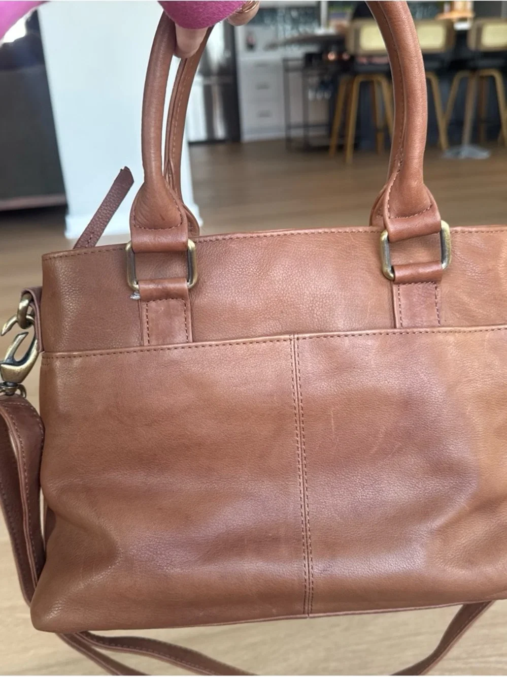 100% leather Structured Tan Satchel with Multiple Zip Pockets, Great American